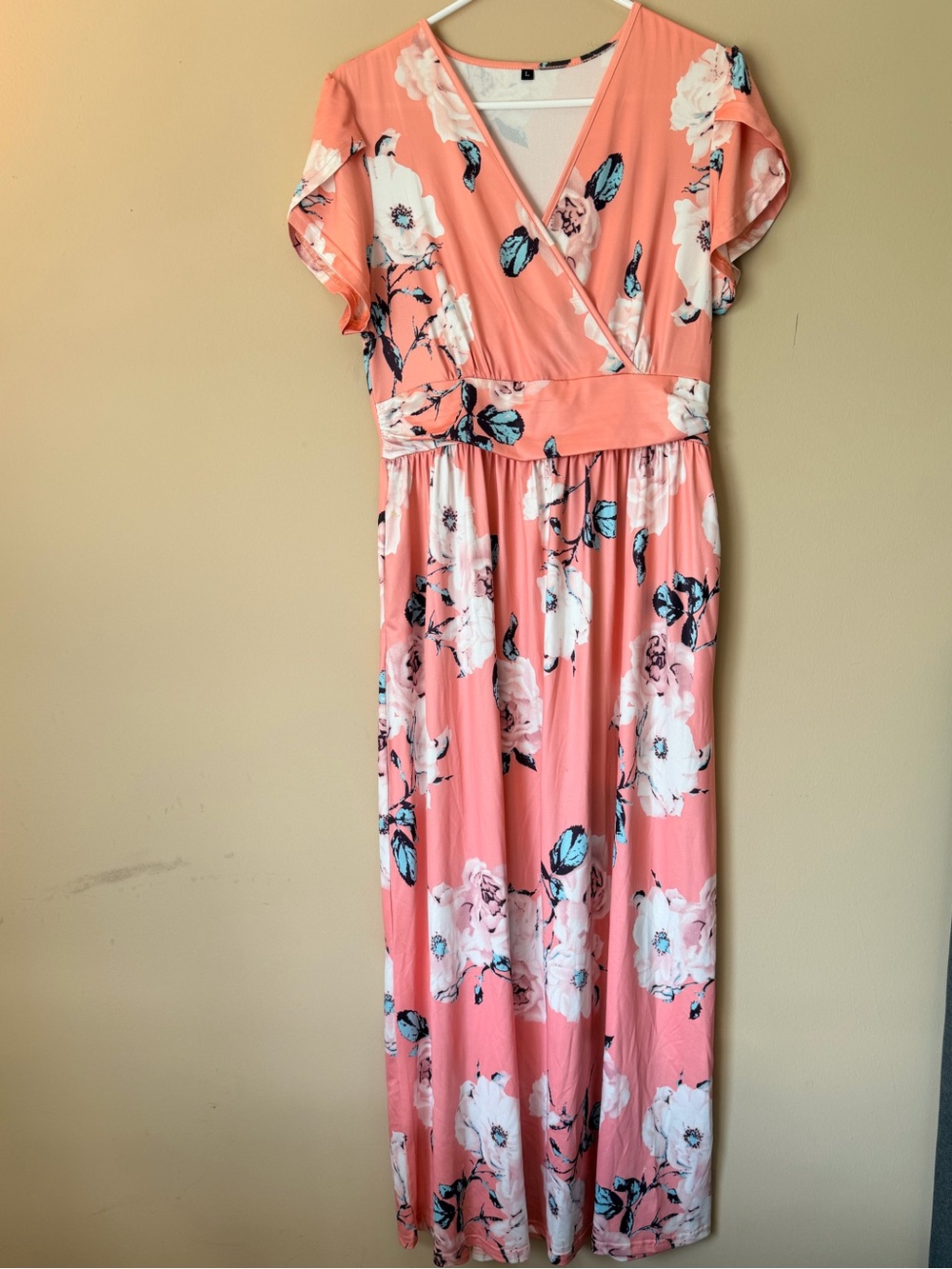 Amazon Coral Pink Floral Wrap Maxi Dress